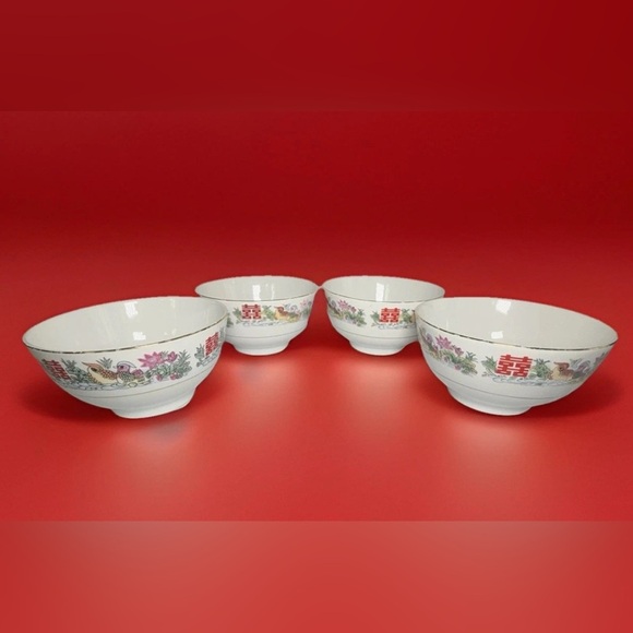 Vtg Chinese Porcelain Rice Soup Bowls Set Of 4 Birds Oriental Happiness Wedding - Picture 4 of 9